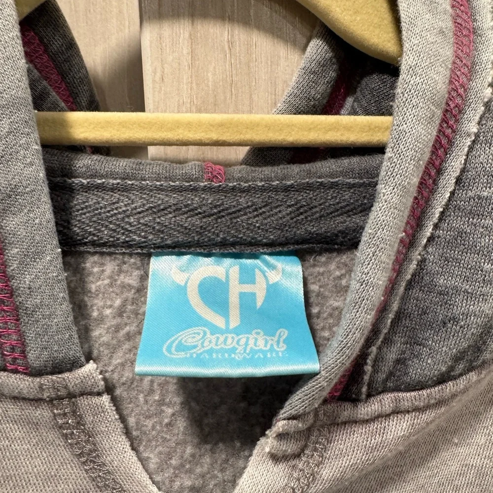 Gray and Pink Hooded Sweatshirt with Cross Design by Cowgirl Hardware. - Picture 6 of 7